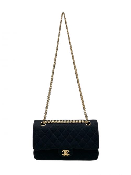 CHANEL（シャネル）CHANEL (シャネル) マトラッセ コットン ダブルフラップ ダブルチェーンバッグ ブラック×ゴールド金具 サイズ:25の古着・服飾アイテム