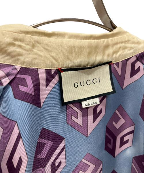 GUCCI（グッチ）GUCCI (グッチ) GUCCI シルク ビジューキューブ プリントシャツ スカイブルー サイズ:38の古着・服飾アイテム
