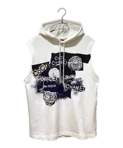 CHANEL（シャネル）CHANEL (シャネル) スパンコールロゴプリントノースリーブパーカー ホワイト サイズ:Mの古着・服飾アイテム
