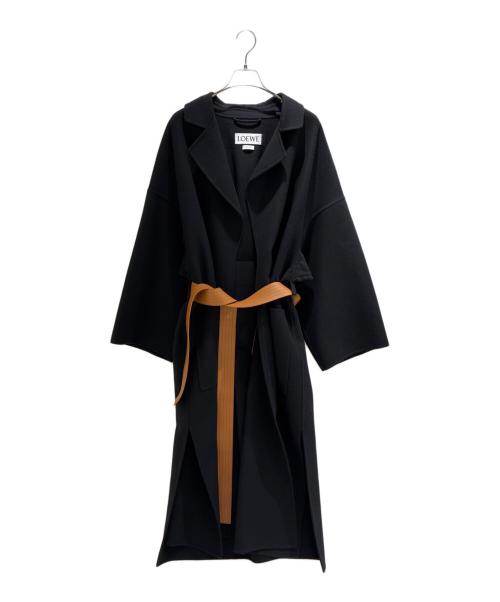 LOEWE（ロエベ）LOEWE (ロエベ) アナグラム レザー ポケット ベルト付 カシミヤウールコート ブラック×ブラウン サイズ:Mの古着・服飾アイテム