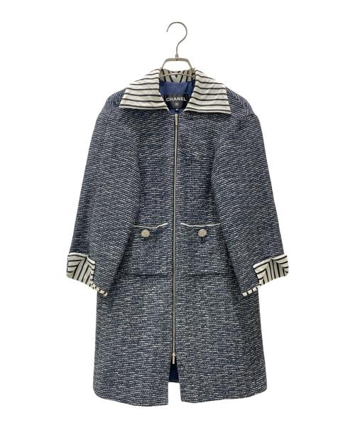CHANEL（シャネル）CHANEL (シャネル)  P56 ボーダー CCマークボタンロング丈ジャケット ネイビー サイズ:34の古着・服飾アイテム