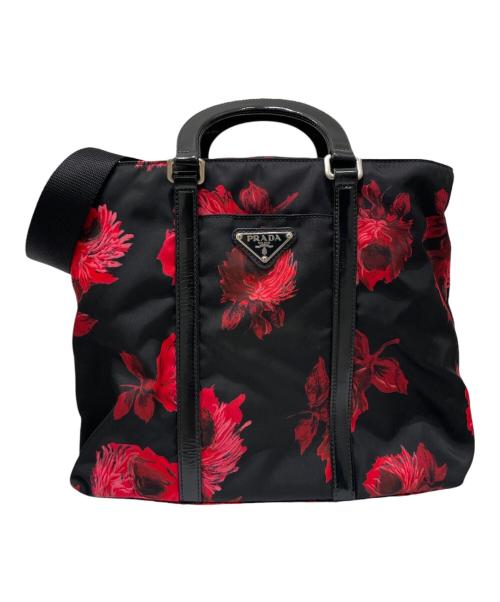 PRADA（プラダ）PRADA (プラダ) 花柄2WAYショルダーバッグ ブラック×レッドの古着・服飾アイテム