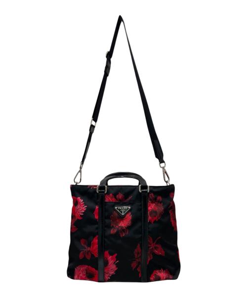 PRADA（プラダ）PRADA (プラダ) 花柄2WAYショルダーバッグ ブラック×レッドの古着・服飾アイテム
