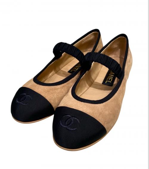 CHANEL（シャネル）CHANEL (シャネル) メリージェーン/フラットパンプス ベージュ×ブラック サイズ:37 1/2の古着・服飾アイテム