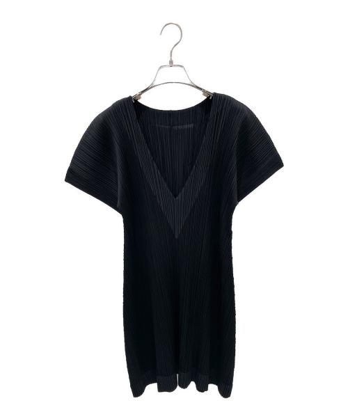 PLEATS PLEASE（プリーツプリーズ）PLEATS PLEASE (プリーツプリーズ) 深Vネックプリーツワンピース ブラック サイズ:3の古着・服飾アイテム