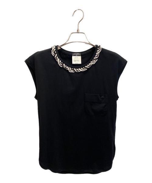 CHANEL（シャネル）CHANEL (シャネル) フレンチスリーブ ツイードトリム Tシャツ  ブラック サイズ:34の古着・服飾アイテム