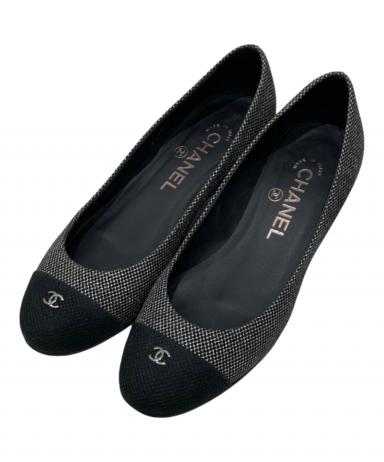 【CHANEL】CCロゴ キャップトゥ ツイード パンプス ブラック グレー 中古・古着通販】CHANEL (シャネル) CCロゴ キャップトゥ ツイード