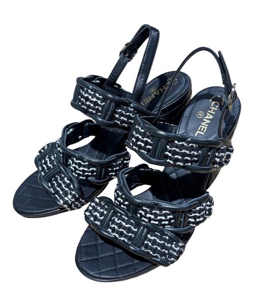 CHANEL（シャネル）CHANEL (シャネル) ココマークツイード×マトラッセチャンキーヒールストラップサンダル ブラック サイズ:35Cの古着・服飾アイテム