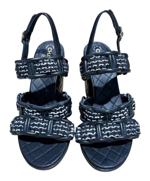 CHANEL（シャネル）CHANEL (シャネル) ココマークツイード×マトラッセチャンキーヒールストラップサンダル ブラック サイズ:35Cの古着・服飾アイテム