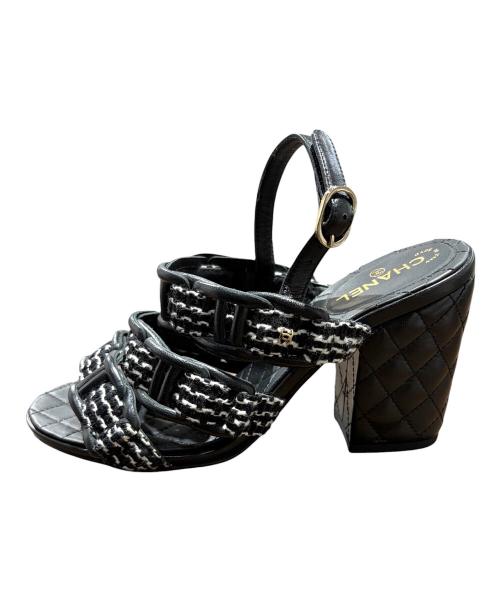 CHANEL（シャネル）CHANEL (シャネル) ココマークツイード×マトラッセチャンキーヒールストラップサンダル ブラック サイズ:35Cの古着・服飾アイテム