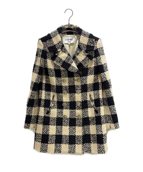 CHANEL（シャネル）CHANEL (シャネル) チェックツイードダブルコート アイボリー×ブラック サイズ:34の古着・服飾アイテム