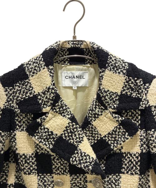 CHANEL（シャネル）CHANEL (シャネル) チェックツイードダブルコート アイボリー×ブラック サイズ:34の古着・服飾アイテム