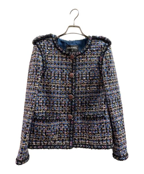 CHANEL（シャネル）CHANEL (シャネル) ココマークボタン ツイードショートジャケット ブルー サイズ:38の古着・服飾アイテム