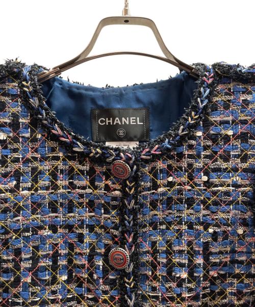 CHANEL（シャネル）CHANEL (シャネル) ココマークボタン ツイードショートジャケット ブルー サイズ:38の古着・服飾アイテム