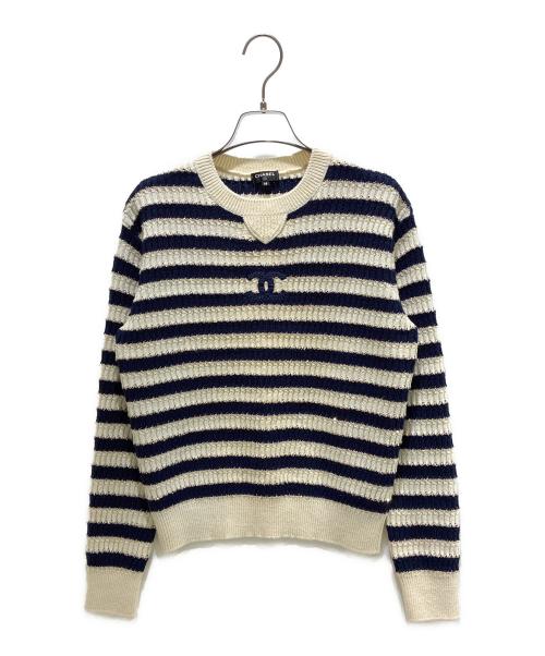 CHANEL（シャネル）CHANEL (シャネル) ココマークスパンコールボーダーニット ネイビー×アイボリー サイズ:38の古着・服飾アイテム