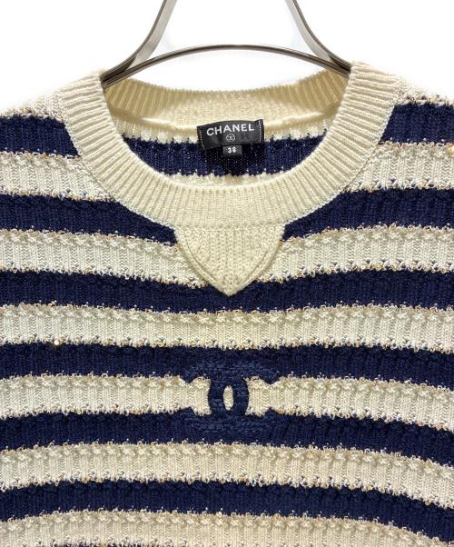 CHANEL（シャネル）CHANEL (シャネル) ココマークスパンコールボーダーニット ネイビー×アイボリー サイズ:38の古着・服飾アイテム