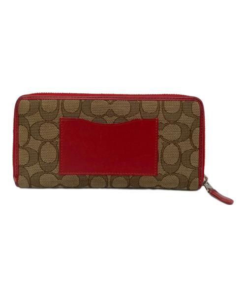 COACH（コーチ）COACH (コーチ) ラウンドファスナー長財布 ベージュ×レッドの古着・服飾アイテム