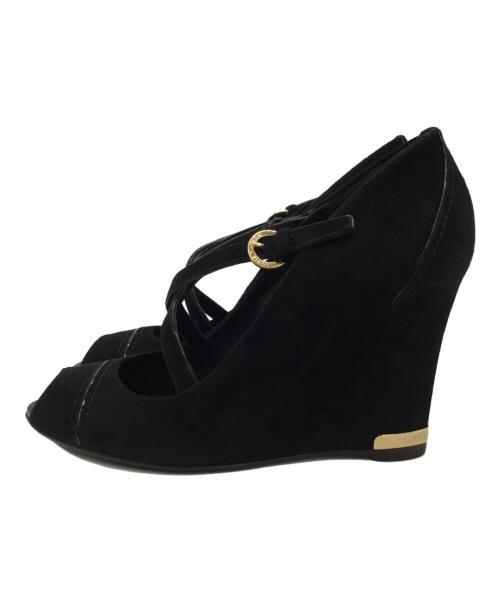 LOUIS VUITTON（ルイ ヴィトン）LOUIS VUITTON (ルイ ヴィトン) オープントゥーウェッジソールパンプス ブラック サイズ:361/2の古着・服飾アイテム