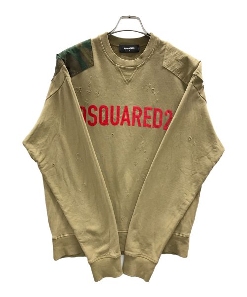 DSQUARED2（ディースクエアード）DSQUARED2 (ディースクエアード) オーバーサイズスウェット ロゴショルダーパッチダメージ加工スウェット ベージュ サイズ:Sの古着・服飾アイテム