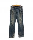 ISAMU KATAYAMA BACKLASHイサムカタヤマ・バックラッシュ）の古着「ダメージデニムパンツ COTTON（コットン）100%シルケット13.5oz（オンス）デニム」｜ブルー