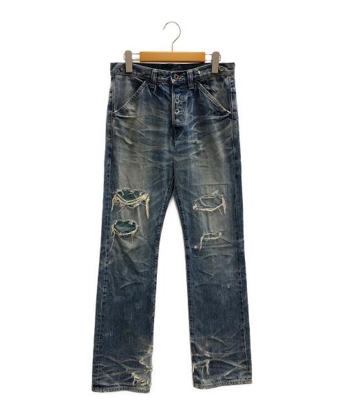 ISAMU KATAYAMA BACKLASH（イサムカタヤマ・バックラッシュ）ISAMU KATAYAMA BACKLASH (イサムカタヤマ・バックラッシュ) ダメージデニムパンツ COTTON（コットン）100%シルケット13.5oz（オンス）デニム ブルー サイズ:XSの古着・服飾アイテム