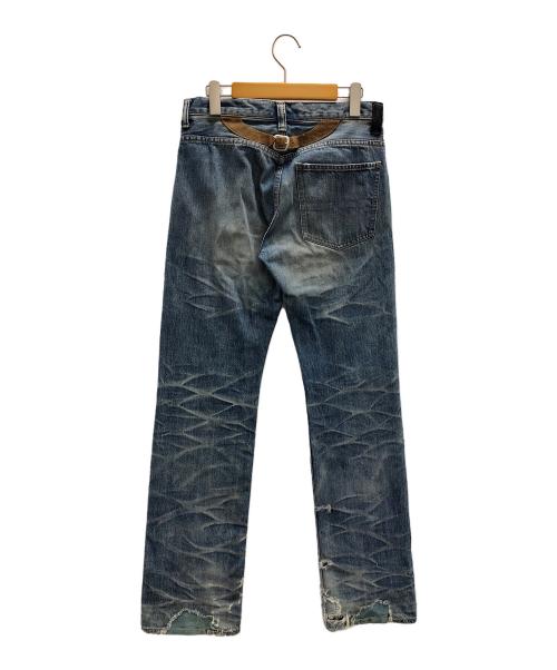 ISAMU KATAYAMA BACKLASH（イサムカタヤマ・バックラッシュ）ISAMU KATAYAMA BACKLASH (イサムカタヤマ・バックラッシュ) ダメージデニムパンツ COTTON（コットン）100%シルケット13.5oz（オンス）デニム ブルー サイズ:XSの古着・服飾アイテム