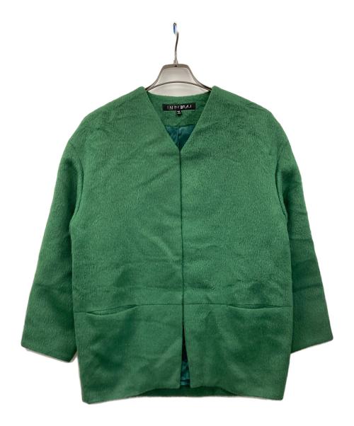 INDIVI V.A.I（インディヴィ バイ）INDIVI V.A.I (インディヴィ バイ) ノーカラーショートコート アルパカ混 グリーン サイズ:36の古着・服飾アイテム