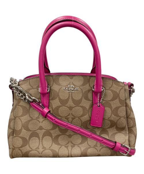 COACH（コーチ）COACH (コーチ) 2WAYバッグ ハンドバッグ ショルダーバッグ シグネチャー ミニ セージ キャリーオール ブラウン×ピンク サイズ:実寸サイズにてご確認ください。の古着・服飾アイテム