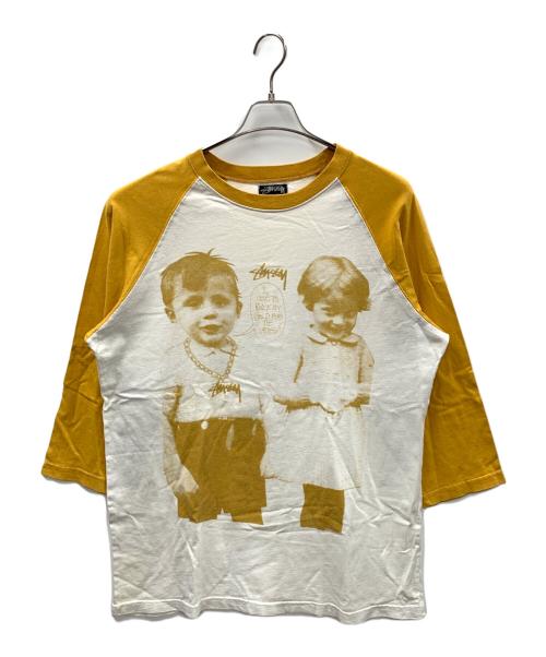 stussy（ステューシー）stussy (ステューシー) ラグランTシャツ KIDS PHOTO TEE（キッズ フォト ティー） マスタード×ホワイト サイズ:Lの古着・服飾アイテム