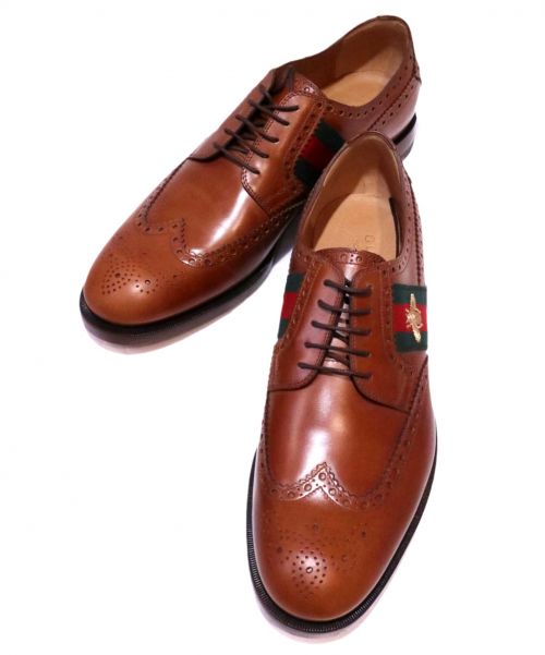 GUCCI（グッチ）GUCCI (グッチ) シェリーラインエンブロイダリーウイングチップレザーシューズ ブラウン サイズ:10 407300の古着・服飾アイテム