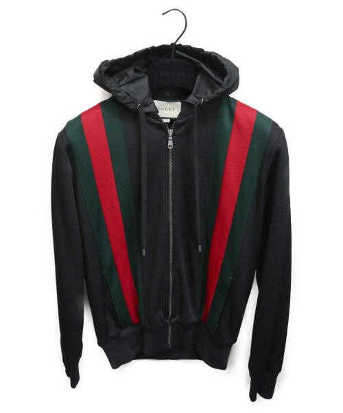 GUCCI（グッチ）GUCCI (グッチ) テクニカルジャージーパーカー ブラック×グリーン サイズ:XSの古着・服飾アイテム