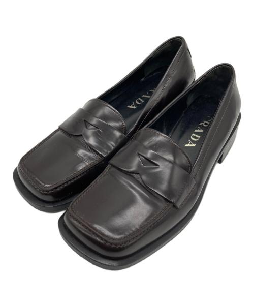 PRADA（プラダ）PRADA (プラダ) メタルヒール スクエアトゥローファー ブラウン サイズ:38 1/2の古着・服飾アイテム