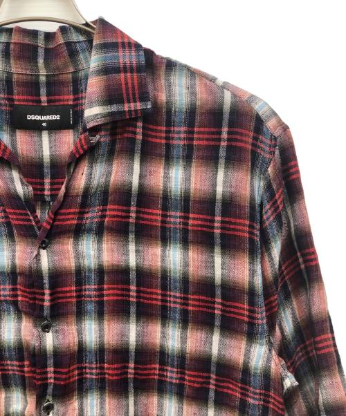 DSQUARED2（ディースクエアード）DSQUARED2 (ディースクエアード) バックロゴリネンチェックシャツ レッド サイズ:46の古着・服飾アイテム