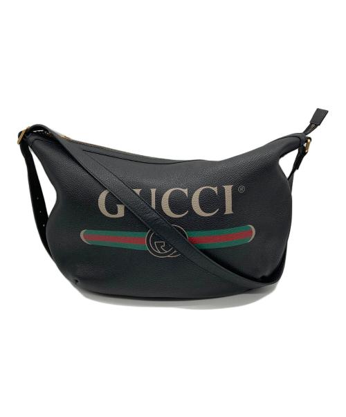 GUCCI（グッチ）GUCCI (グッチ) ロゴプリント ハーフムーン レザー ショルダーバッグ ブラックの古着・服飾アイテム