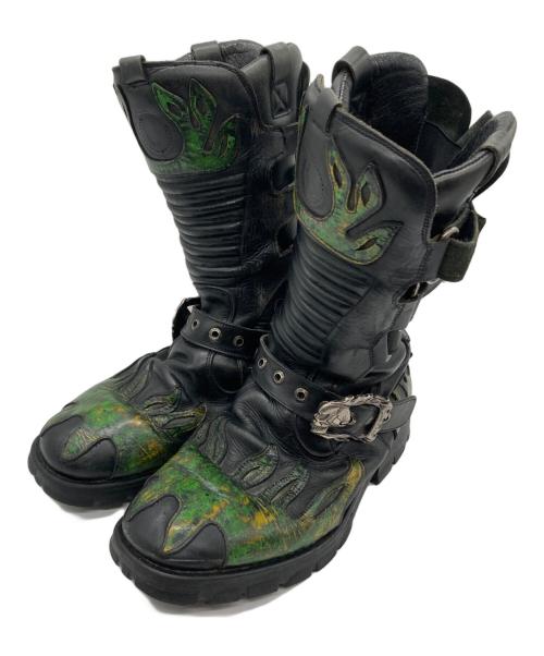 NEWROCK（ニューロック）NEWROCK (ニューロック) スカルバックルブーツ ブラック×グリーン サイズ:記載なしの古着・服飾アイテム