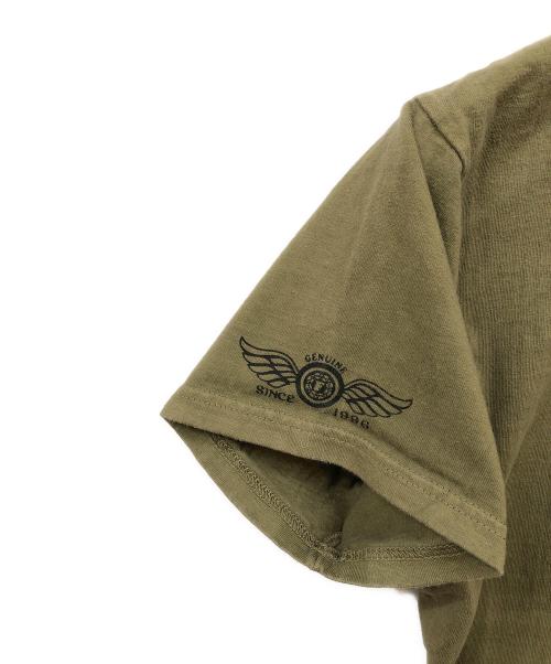 FLAT HEAD（フラット ヘッド）FLAT HEAD (フラット ヘッド) Flying Wheel プリントTシャツ オリーブ サイズ:42の古着・服飾アイテム