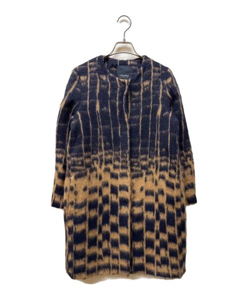 'S Max Mara（エスマックスマーラ）'S Max Mara (エスマックスマーラ) アルパカ混ノーカラーシャギーコート ネイビー×ブラウン サイズ:36の古着・服飾アイテム