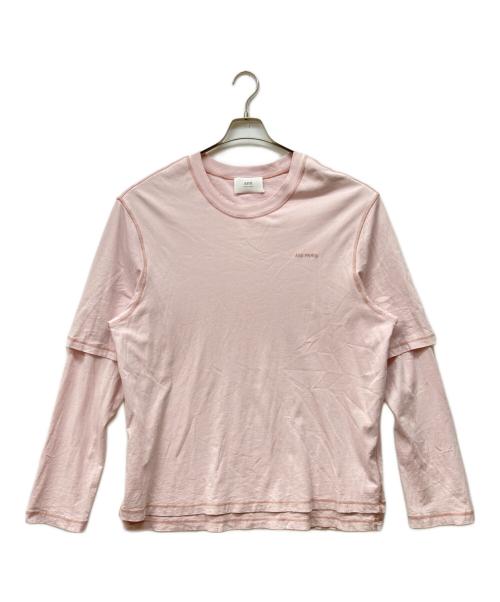 AMI PARIS（アミ パリス）AMI PARIS (アミ パリス) ハートロゴ刺繍ダメージ加工レイヤードカットソー ピンク サイズ:記載無し（実寸サイズをご確認ください）の古着・服飾アイテム