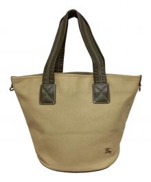 BURBERRY BLUE LABEL（バーバリー ブルー レーベル）の古着「ハンドルレザーキャンバストートバッグ」｜グリーン×カーキ