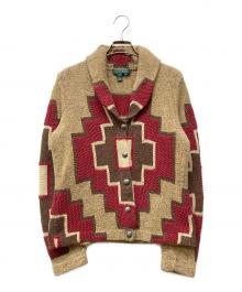 LAUREN RALPH LAUREN（ローレンラルフローレン）の古着「シルクリネン ネイティブ柄ショールカラーカーディガン」｜ベージュ×レッド