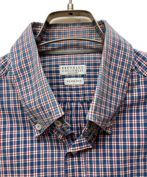 BRUNELLO CUCINELLI（ブルネロクチネリ）BRUNELLO CUCINELLI (ブルネロクチネリ) SLIM FIT コットン チェックシャツ ネイビー×レッド サイズ:Ｍの古着・服飾アイテム