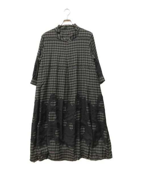 慈雨（ジウ）慈雨 (ジウ) ギンガムカット水玉 ドレス ブラック×カーキ サイズ:40  未使用品の古着・服飾アイテム
