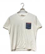 PRADA SPORTSプラダスポーツ）の古着「ナイロンコンビVネックTシャツ」｜ホワイト×ネイビー