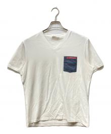 PRADA SPORTS（プラダスポーツ）の古着「ナイロンコンビVネックTシャツ」｜ホワイト×ネイビー