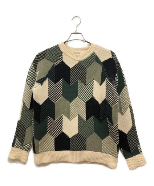 maison kitsune（メゾンキツネ）MAISON KITSUNE (メゾンキツネ) カシミヤブレンド幾何学柄ニット グリーン サイズ:Sの古着・服飾アイテム