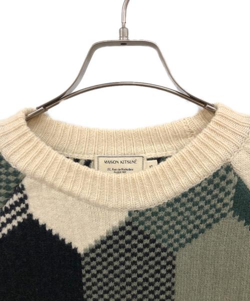 maison kitsune（メゾンキツネ）MAISON KITSUNE (メゾンキツネ) カシミヤブレンド幾何学柄ニット グリーン サイズ:Sの古着・服飾アイテム