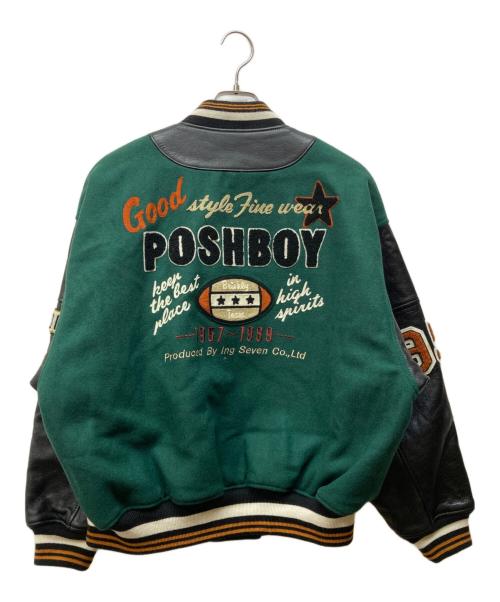 POSH BOY（ポッシュボーイ）POSH BOY (ポッシュボーイ) 袖レザースタジアムジャケット ブラック×グリーン サイズ:Fの古着・服飾アイテム