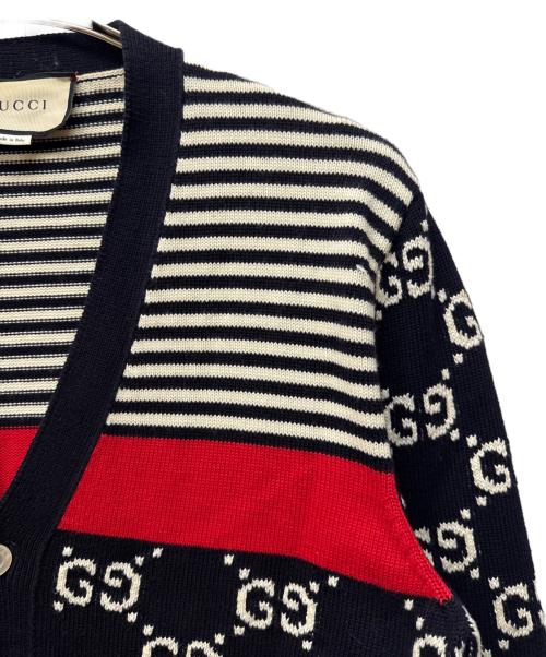 GUCCI（グッチ）GUCCI (グッチ) GG Cotton Jacquard Striped Knit Cardigan ネイビー サイズ:未記入の古着・服飾アイテム