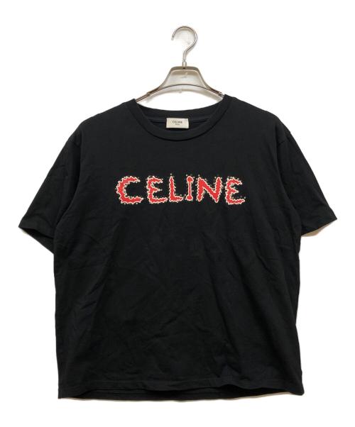 CELINE（セリーヌ）CELINE (セリーヌ) ラインストーンロゴTシャツ レッド×ブラック サイズ:Sの古着・服飾アイテム