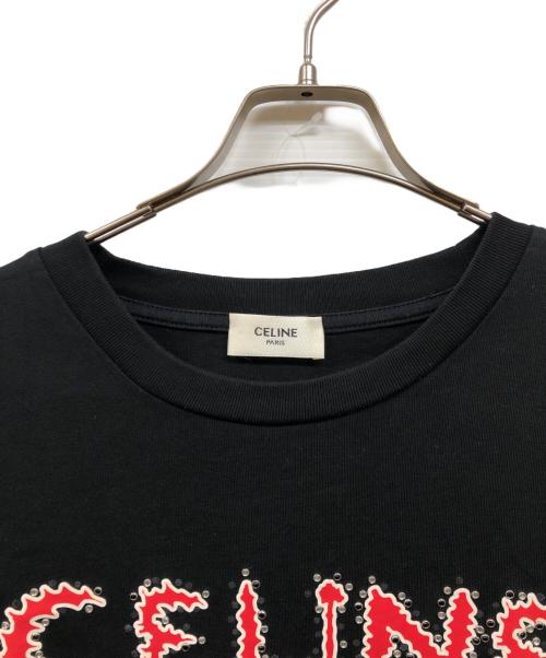 CELINE（セリーヌ）CELINE (セリーヌ) ラインストーンロゴTシャツ レッド×ブラック サイズ:Sの古着・服飾アイテム